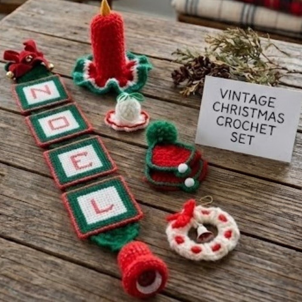 Vintage Crochet Christmas Decor Set Noel Wall Hanging Ornaments Bell Candle Boho